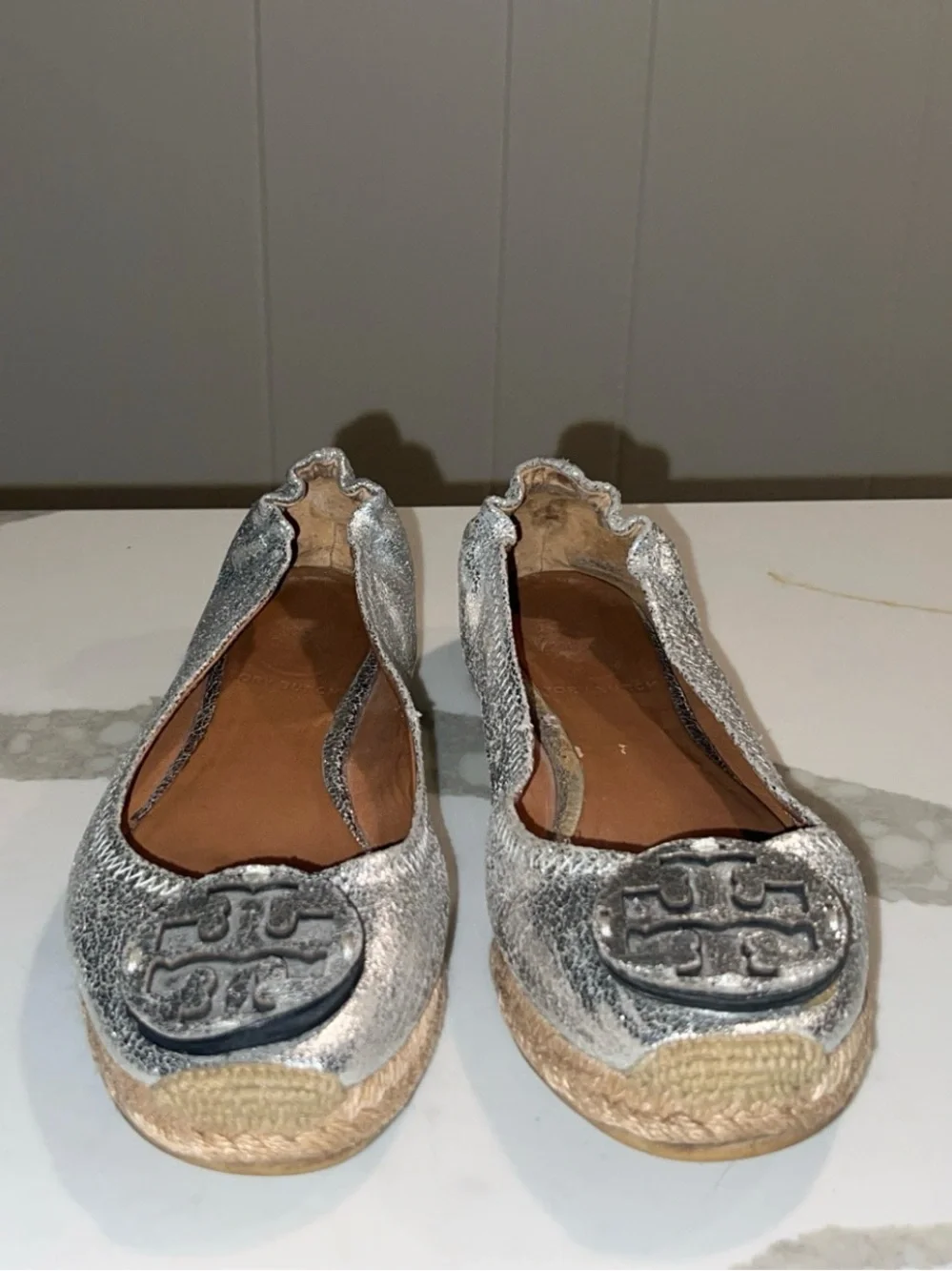 TORY BURCH Silver Metallic Espadrille Ballet Flats